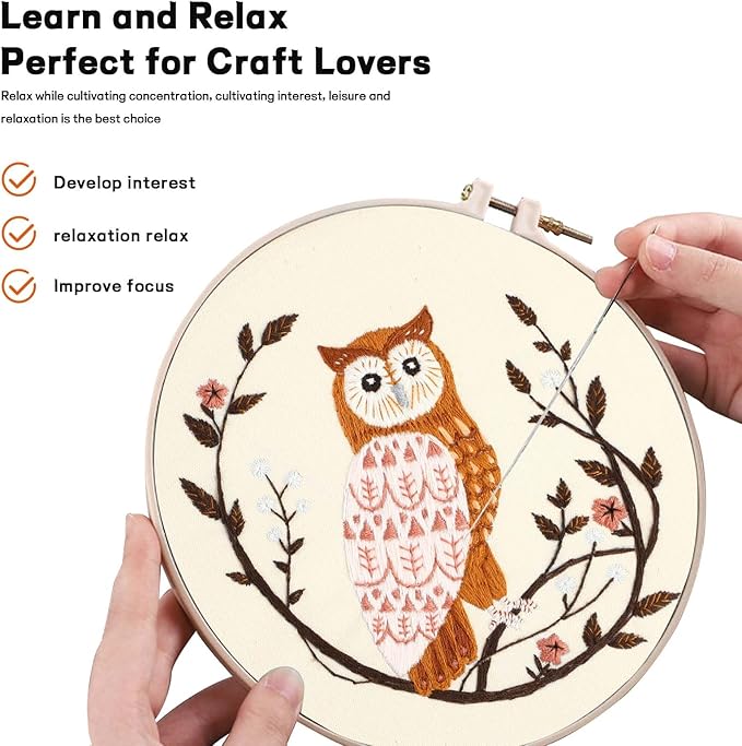 JOINRUN Beginner Embroidery Kit for Adults, Owl Cross Stitch Kits with 7.9" Hoop, Threads, Needles, Learn Stitches with Pre-Printed Patterns, Video Tutorial, DIY Needlework Craft Gift for Women