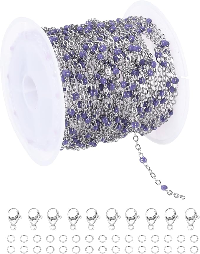 MECCANIXITY Stainless Steel Bead Chain, 16.4 Feet/5M Enamel Beaded Jewelry Link Cable Chains Spool Kit for Jewelry Making, Necklace, Bracelets, DIY Crafts (Silver/Purple, Pack of 1)