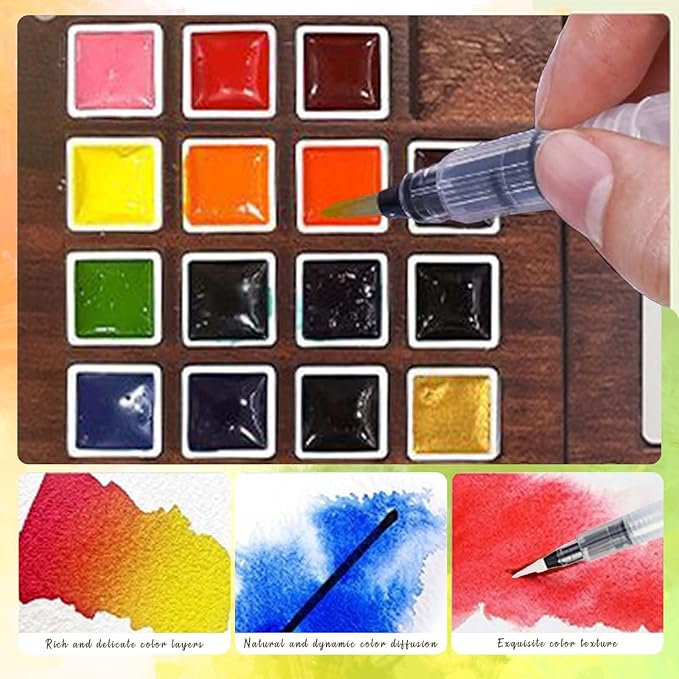 Mini Paint Palette Travel Kit - Mini Travel Watercolor Palette Set, Pocket Artist Water Color Travel Set with Colours, Watercolor Book, Binder Clips, Pens,Wooden Paint Box for Painters Artists Student