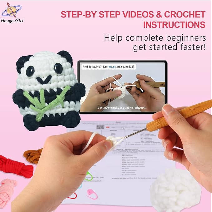 GougouStar Crochet Kit for Beginners, Animal Crochet Kits, Knitting Kit with Step-by-Step Video Tutorials and Crochet Accessories - Amigurumi Beginner Crochet Kit (Black Panda)