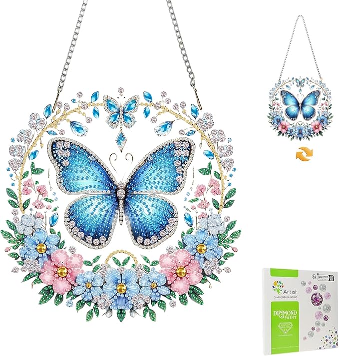 Masendp Hanging Diamond Art Set, Butterfly Flower 5D Special Shape Diamond Art Painting Window Pendant, DIY Double Sided Diamond Artist Home Garden Wall Hanging Decoration