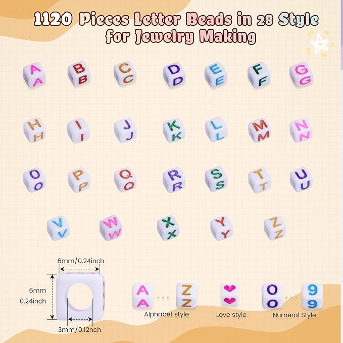 FZIIVQU 1120Pcs Acrylic Square Letter Bead, 6x6mm Letter Bead A-Z with Color Number Bead Color Love Cube Bead Jewelry Making, DIY Necklace, Key Chain, Friendship Bracelet