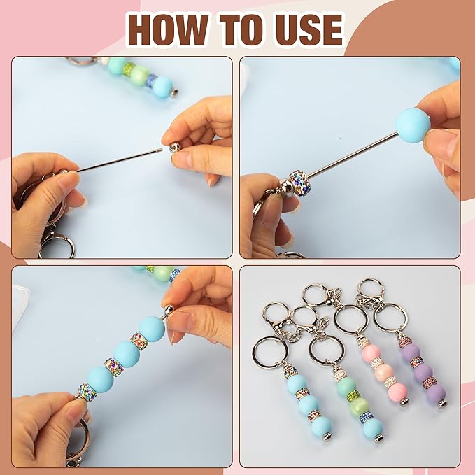 106pcs Beadable Keychains Set Bulk for Keychain Making Kit with Beadable Keychain Bar Silicone Beads Spacer Beads DIY Gifts for Women Men Crafts (Rose Gold)