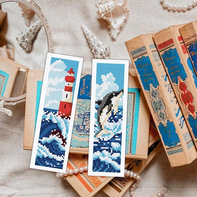 ORIGACH 6 Set Ocean Wave and Nautical Cross Stitch Bookmark Kit for Beginner with Backing Felt Floss Instructions DIY Stamped Embroidery Bookmark Kit for Adults, Book Lovers