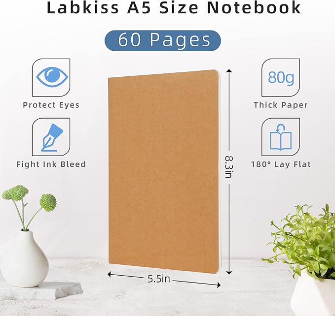 labkiss 24 pack college ruled notebook & journal bulk, kraft cover, line thick paper, a5 size, 5.5x8.3 inch, 60 pages, small subject note pad planner set for women men kids traveler student office