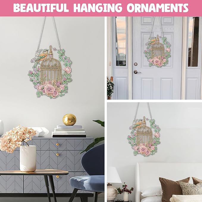 NAIMOER Diamond Art Hanging Kits for Adults, Flower Birdcage Diamond Art Suncatchers, 5D Special Shape Fall Diamond Painting Pendant Window Ornament Gifts for Home Garden Door Wall Decor