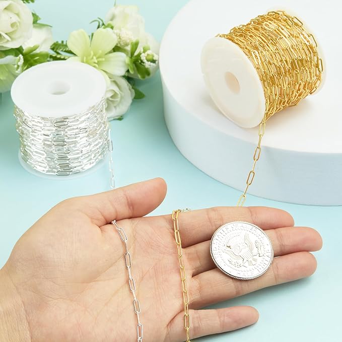 Kyutong 2 Rolls Paperclip Chain for Jewelry Making 32.8 Feet Jewelry Chain Links Silver and Gold Chains Bulk with Lobster Clasps and Jump Rings for DIY Craft Finding Jewelry Making Supplies