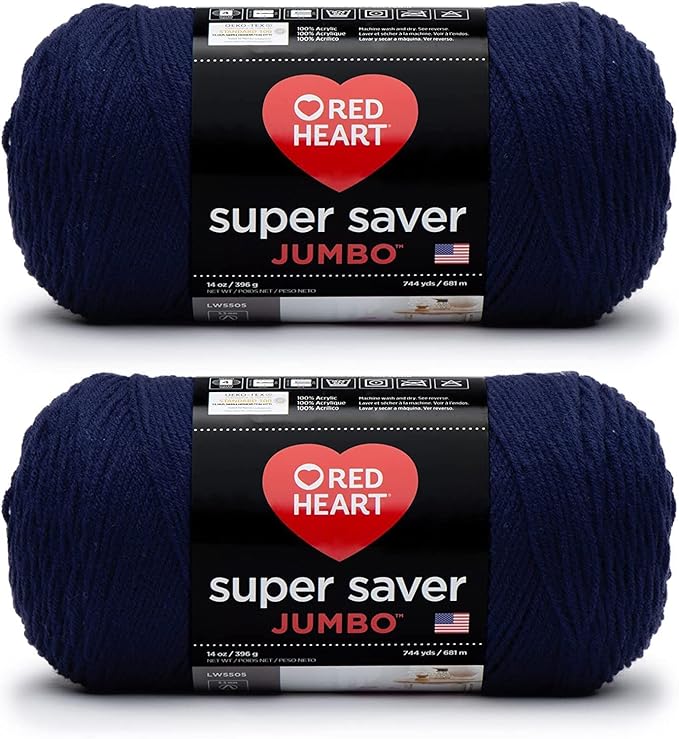 Red Heart Super Saver Jumbo Soft Navy Yarn - 2 Pack of 396g/14oz - Acrylic - 4 Medium (Worsted) - 744 Yards - Knitting/Crochet