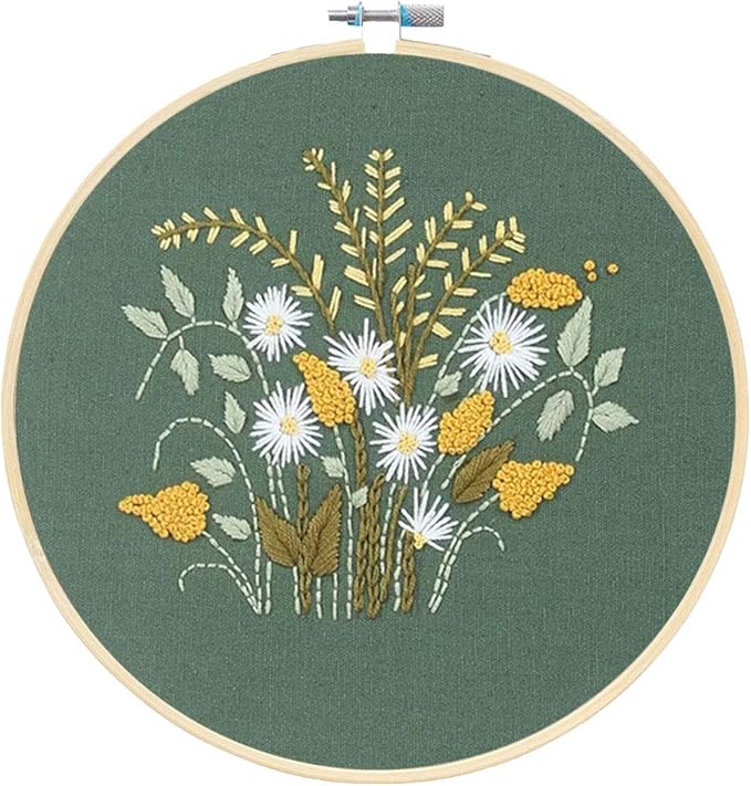 KISSBUTY Full Range of Embroidery Starter Kit with Pattern, Cross Stitch Kit Including Embroidery Fabric with Floral Pattern, Bamboo Embroidery Hoop, Color Threads and Tools Kit (Flowers Plants)