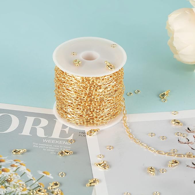 YOUBEIYEE 32.8 Feet 18K Gold Plated Jewelry Chain Paperclip Necklace Chains Bulk for Women Bracelet DIY Craft Chain Roll Jewelry Supplies Findings