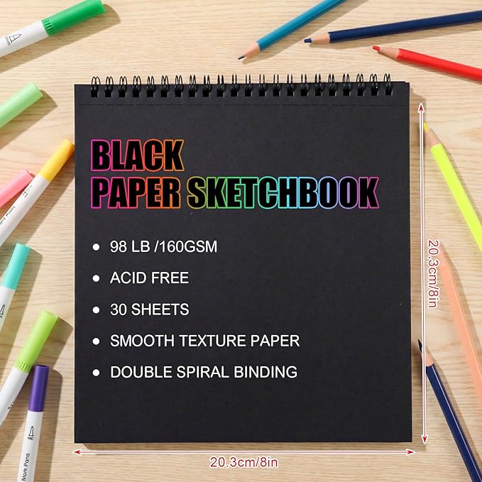 30 Sheets Black Paper Sketchbook, 98lb/160gsm Heavyweight Black Sketch Pad 8×8in, Acid-Free Drawing Paper, Spiral Bound Sketch Book for Teens, Artist