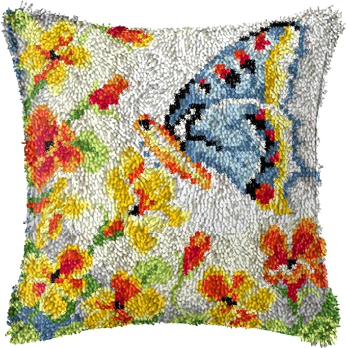 LUBOT 16"*16" Summer Butterfly Latch Hook Kits for Adults Rug Pillow Cover with Printed Canvas Pattern Crochet Kit for Beginners