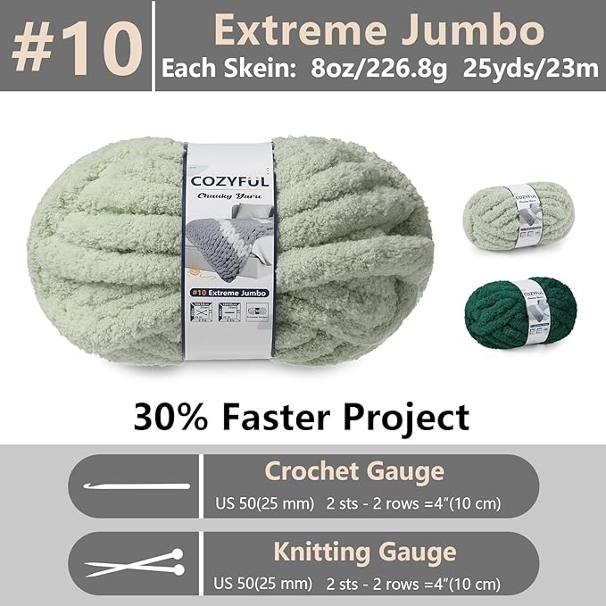 Chunky Yarn for Hand Knitting - #10 Chunky Chenille Yarn, Jumbo Big Thick Chunky Yarns for Crocheting, Super Bulky Chunky Knit Blanket Yarns, 8 Skein (25yd, 8oz/Skein), Sage & Forest