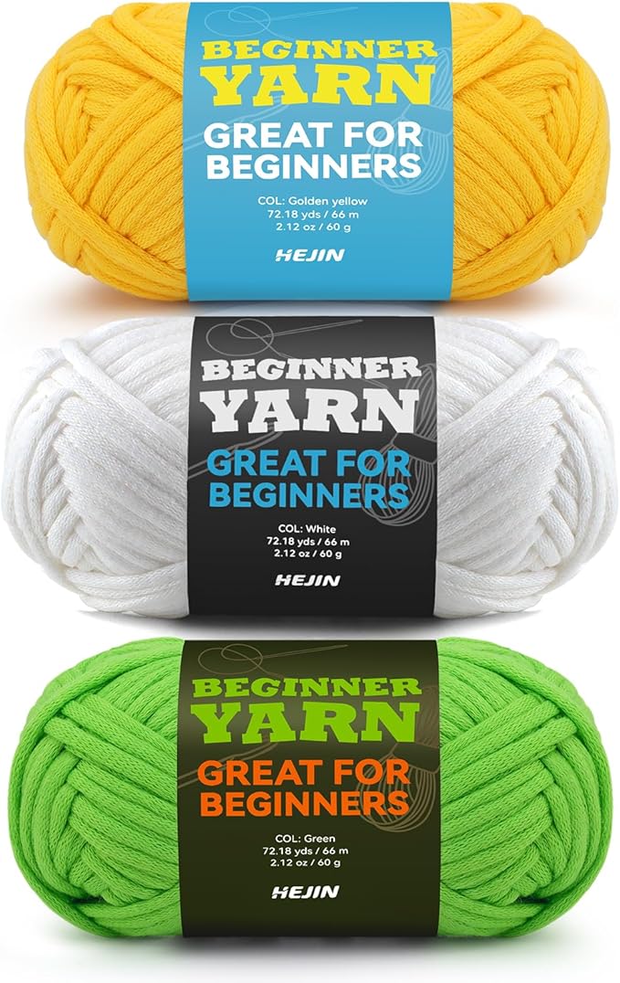 3x60g Yellow+White+Green Yarn for Crocheting and Knitting;3x66m (72yds) Cotton Yarn for Beginners with Easy-to-See Stitches;Worsted-Weight Medium #4;Cotton-Nylon Blend Yarn for Beginners Crochet Kit