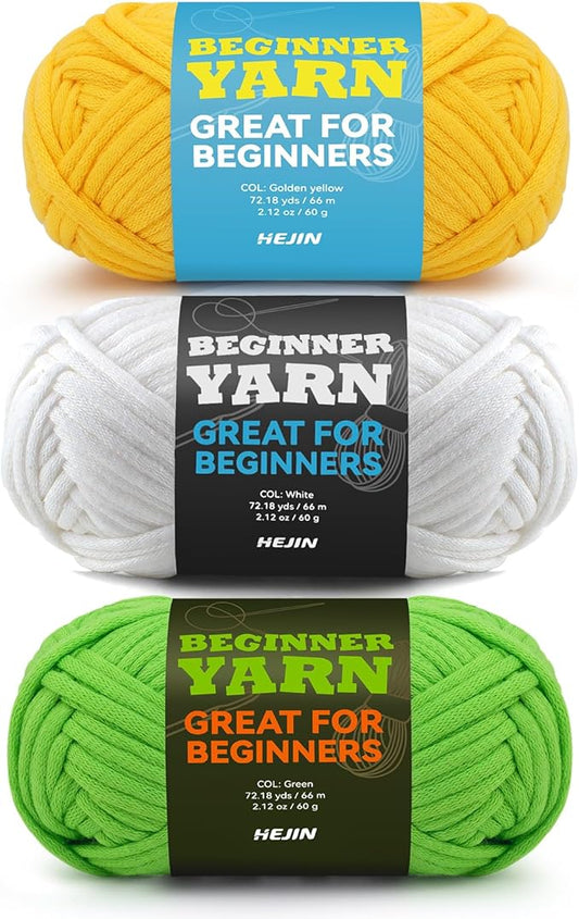 3x60g Yellow+White+Green Yarn for Crocheting and Knitting;3x66m (72yds) Cotton Yarn for Beginners with Easy-to-See Stitches;Worsted-Weight Medium #4;Cotton-Nylon Blend Yarn for Beginners Crochet Kit