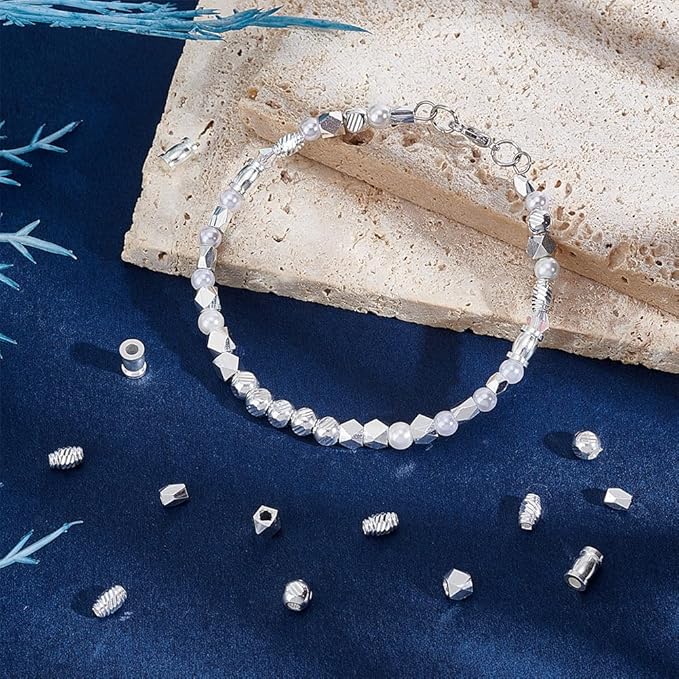PH PandaHall 50pcs 5 Styles 925 Sterling Silver Plated Spacer Beads, 4~6mm Brass Loose Bead Round Faceted Spacers Cylinder Stackable Spacers for Bracelets Necklaces Jewelry Making DIY Beading Crafts