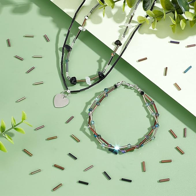 PH PandaHall 1260pcs 7 Colors Glass Bugle Beads, 9x2mm Metallic Long Seed Beads Tube Beads Craft Beads Loose Spacer Bead for Earrings Bracelets Necklaces Waist Chain Jewelry Making, Hole 0.5mm