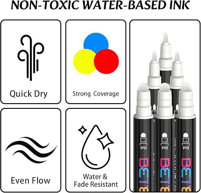 Betem 6 White Dual Tip Acrylic Paint Pens Markers, Fabric Decorating Kits Premium Water-Based Acrylic Paint Markers for Fabric, Rock, Wood, Glass, Eggs, Canvas, Ceramic, Easter Basket Stuffers