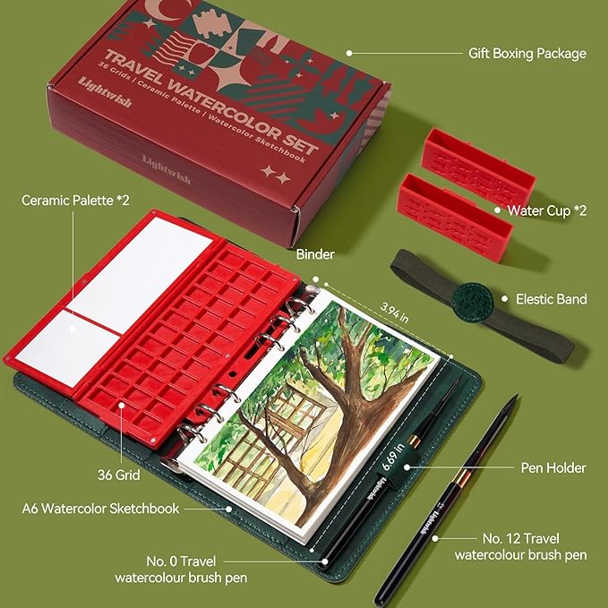 Portable Watercolor Sketchbook Set - 100% Cotton Hot Press 6.7x3.9 Inch Binder Art Journal with 36-Well Ceramic Paint Palette & 2 Travel Watercolor Brushes for Artists Outdoor Painting