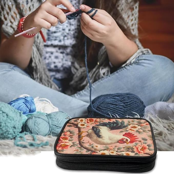 Hechitok Chicken Flower Crochet Hook Case Without Hooks and Accessories Zipper Storage Organizer Bag with Web Pockets for Various Crochet Needles Accessories Crochet Hook Kit Tools