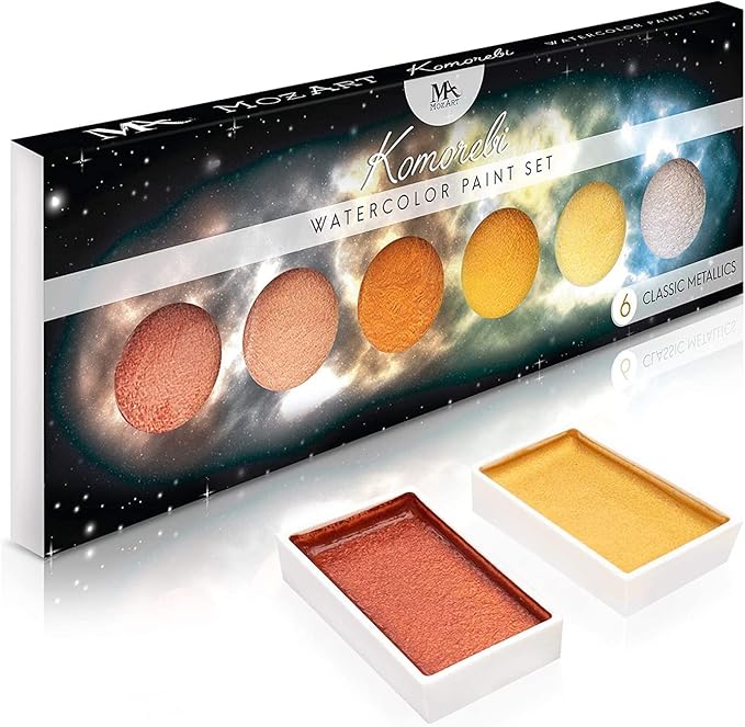 MozArt Supplies Komorebi Metallic Watercolor Paint Set – Set of 6 Shimmery Colors – Portable and Lightweight – For Artists, Students, Kids & Hobbyists - Metallic Watercolor Paints