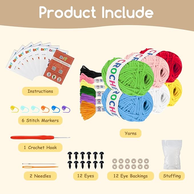 Flashbee Crochet Kit for Beginners Kids: 6pcs Cute Animal Crochet Set, Christmas Gifts for 8-12 Years Old Girls, Easy to Learn Knitting Kit with Step-by-Step Video Tutorials & Clear Instructions