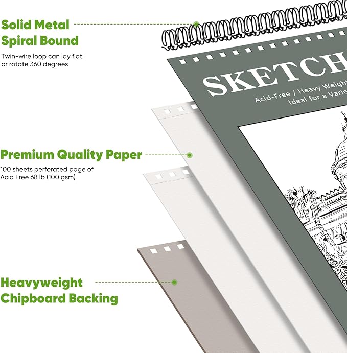 soucolor 9" x 12" sketch book, 1-pack 100 sheets spiral bound art sketchbook, acid free (68lb/100gsm) artist drawing book paper painting sketching pad, college essentials