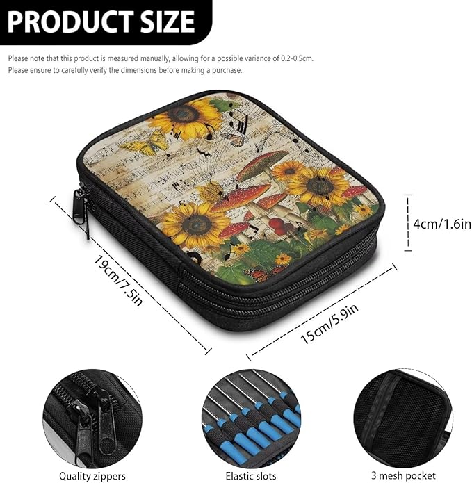 Hechitok Sunflower Mushroom Crochet Hook Case, Organizer Zipper Bag with Web Pockets for Various Crochet Needles and Knitting Accessories, Well Made and Easy to Carry
