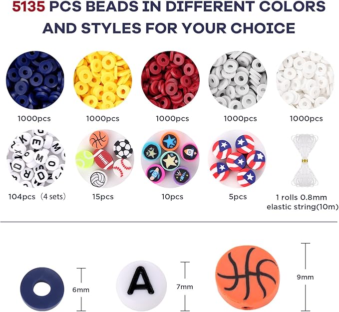 Red White and Blue Clay Beads, Clay Beads for Bracelet Making, Funtopia 5000 Pcs Heishi Flat Round Bead, Friendship Bracelet Kit with Letter Sports Bead, Birthday DIY Craft for Boys Adults