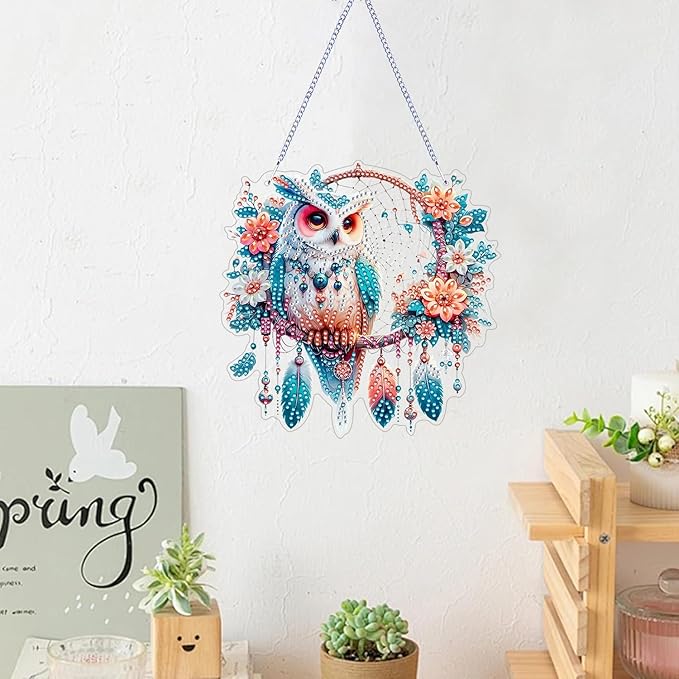 ZeeLionArt Hanging Diamonds Art kit for Adult,Owl Pendant Diamonds Painting Art Kit,7.0x7.0inch Acrylic Diamonds Painting Board Kit Ornament, Special Crystal Diamond Hanging Ornament