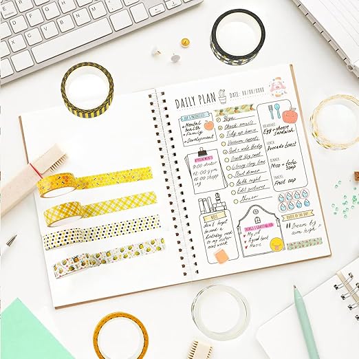 12 Rolls Bee Washi Tape Set, Bumblebee Daisy Masking Tapes, Yellow Black Plaid Polka Dot Decorative Washi Tape for Spring Summer Scrapbook Journal DIY Art Craft Gift Wrapping, 16.4FT