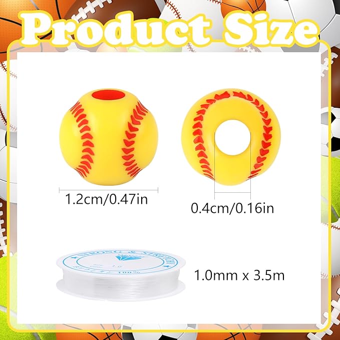 100pcs Baseball Beads with 5.5 Yard Elastic Rope,Acrylic Softball Beads Sports Bead DIY Spacer for Necklace Bracelet Keychains Handmade Jewelry Making Accessories Craft Supplies,12mm(Baseball)