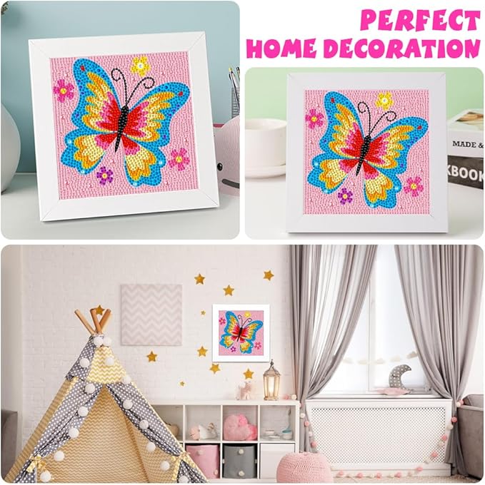 QEUOYSS Diamond Art Kit for Kids with Wooden Frame Art and Crafts for Kids Ages 6-8 -10-12 Easy to DIY Diamond Art for Kid and Adult Beginners Home Wall Decoration (Butterfly)