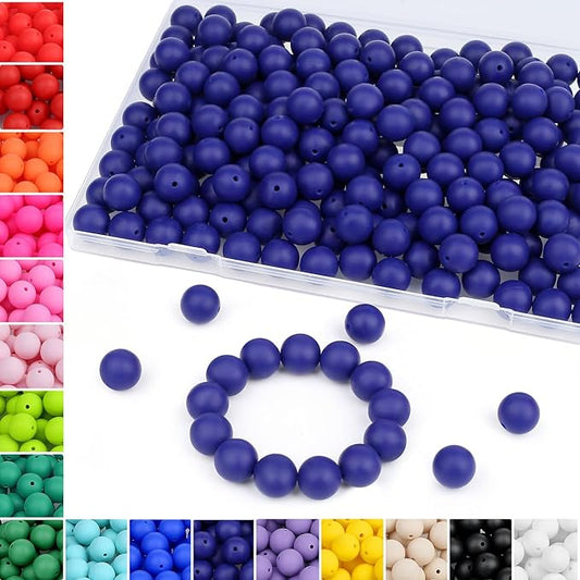 MAIBAOTA 120 Pcs Blue Beads for Bracelets 15 mm Navy Blue Beads for Keychain/Pens/Bracelet/Necklace Making Focal Beads Loose Rubber Round Silicone Beads Bulk for Craft Making（with Boxed Kits）
