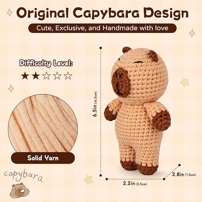 Amorloop Crochet Kit for Beginners – Easy-to-See Stitches Yarn, Pre-Started Piece, and Step-by-Step Video Tutorials | Starter Crochet Set with Cute Animal Pattern – Original Handmade Capybara Pattern