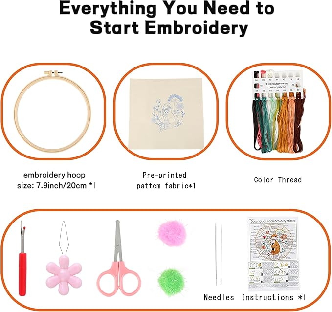 JOINRUN Beginner Embroidery Kit for Adults, Fox Cross Stitch Kits with 7.9" Hoop, Threads, Needles, Learn Stitches with Pre-Printed Patterns, Video Tutorial, DIY Needlework Craft Gift for Women
