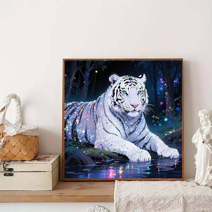 GEMFAMILY Tiger Diamond Art Kits for Adults, 5D Diamond Painting Kits for White Tiger, DIY Round Full Drill Diamond Art Craft for Home Wall Decor13.8 X 13.8inch