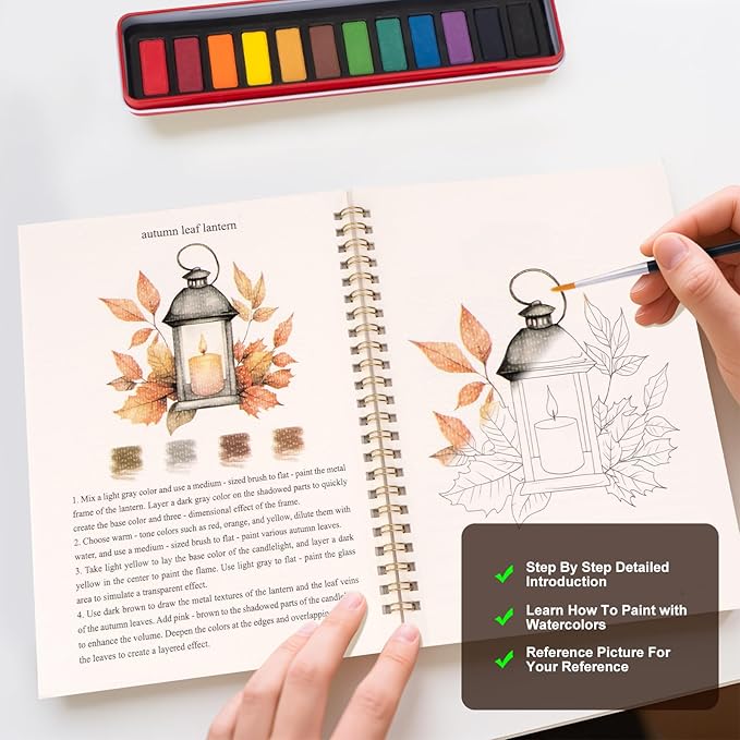 Metyond Beginner Watercolor Workbook Kit - Watercolor Painting Kit with 1 Workbook 12 Colors Paint Set with Brush, Beginner Friendly Watercolor Paint Set Gift for Adults Teens (Autumn)