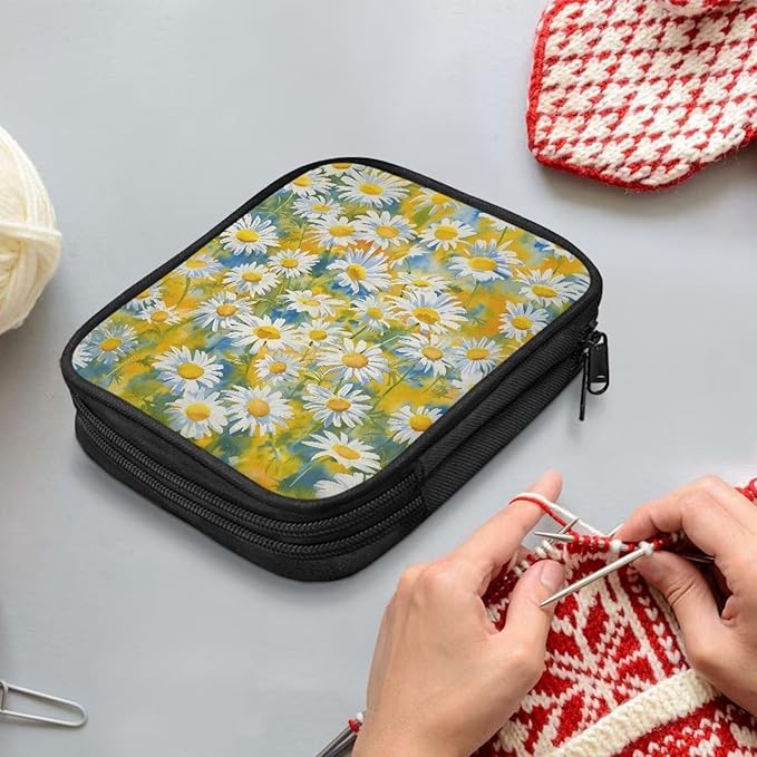 Hechitok Daisy Print Crochet Hook Case Zipper Storage Organizer Bag with Pockets for Various Crochet Needles/Knitting Accessories/Crochet Hook Kit Tools