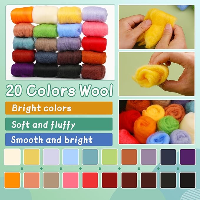 Mayboos Needle Felting Kit, Wool Roving 20 Colors Set, Wool Felting Kit Felt Molds with Portable Storage Box for DIY Craft Home Decoration (Green Bag)