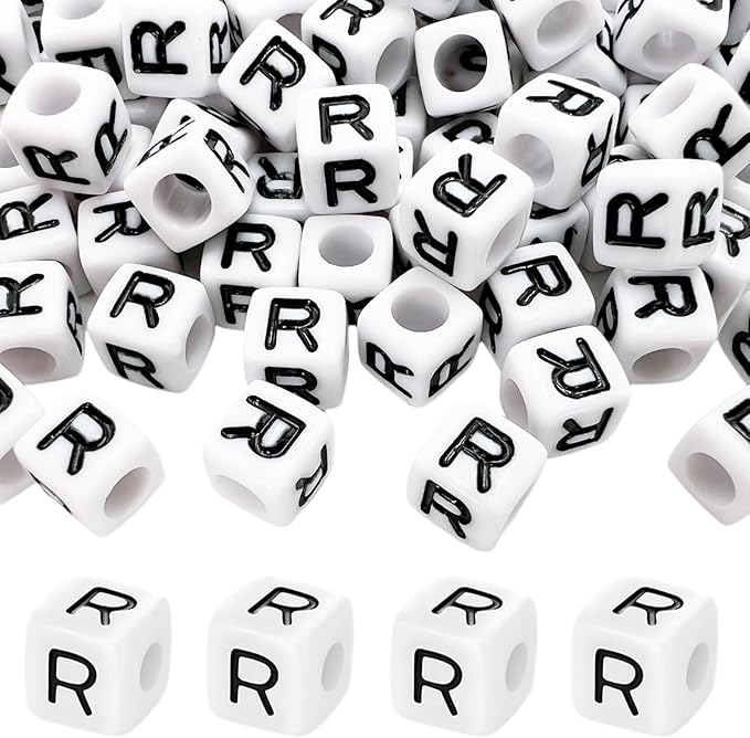 MIIIM 100pcs Pony Beads Letter R for Keychains Making, 6x6mm Large Hole Square Letter Beads for Bracelets Making, Alphabets, Numbers (White and Black)