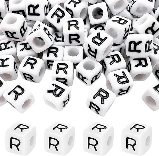 MIIIM 100pcs Pony Beads Letter R for Keychains Making, 6x6mm Large Hole Square Letter Beads for Bracelets Making, Alphabets, Numbers (White and Black)