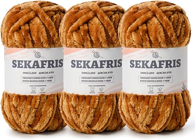Fuzzy Chunky Chenille Yarn for Crocheting，Soft Plush Yarns for Hand Knitting，Bulky 3x100g（3x49.2 yd） Baby Blanket Yarn for Crocheting Amigurumi，Crochet Fluffy Velvet Yarns (3 Brown)