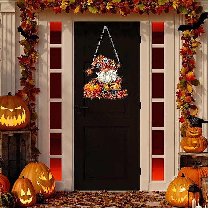 Genius maker Fall Gnome Diamond Art Hanging Kits for Adults, Halloween Special Shaped Diamond Painting Kits, DIY Acrylic 5D Crystal Diamond Gem Art Painting Hanging Ornament for Home Wall Decor