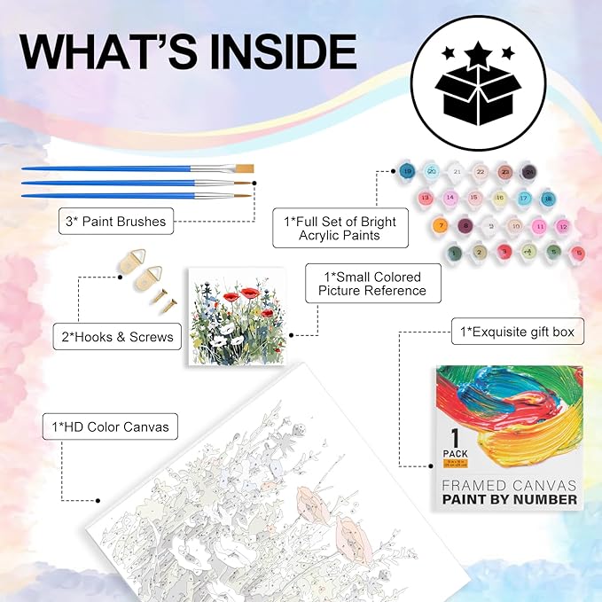 Yezavesu Flower Framed Paint by Numbers Kit for Adults Beginner & Kids Ages 8-12, Wildflowers Paint by Number Without Easel, DIY Adult Paint by Numbers Flowers for Home Wall Decor Gift 10x 10 inch