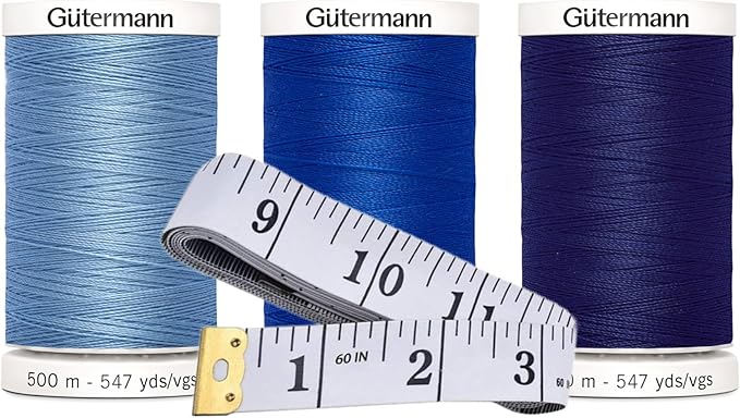 Gutermann Sew-All Thread (500m/547yd Each), 3-Pack Bundle with Bella's Crafts Soft Tape Measure (Blue Mix)