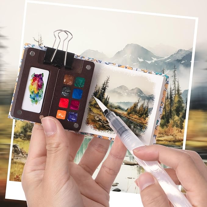 Qilery Mini Portable Watercolor Palette Set Wooden Grid Paint Box Watercolor Paper Sketch Book Brush Pens with Binder Clip for Painters Artist Not Include Paint(Sunflower)