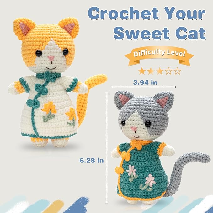 Youkali Crochet Kit for Beginners, Crochet Starter Kit with Step-by-Step Video Tutorials, Easy Beginner Crochet Kit for Adults, Crochet Animals Crafts Crochet Kits, Easy Knitting Kit. (Cat)