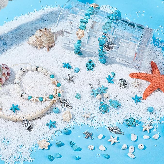 SUNNYCLUE 1 Box 217Pcs Turtle Beads Starfish Beads Boho Sea Turtle Starfish Shell Charm Bulk Summer Hawaii Ocean Charms Turquoise Loose Spacers for Jewelry Making Kits DIY Craft Supplies