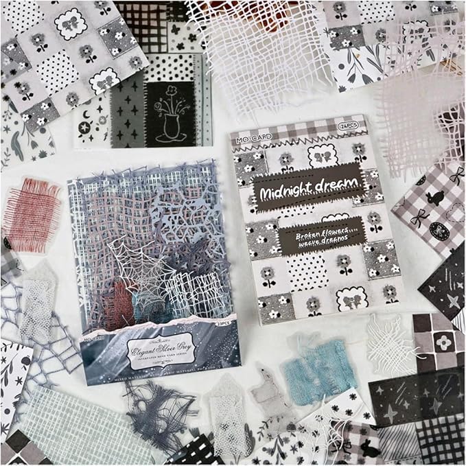 Diuhofart 47 Sheets Scrapbook Textured Papers for Crafts, Grey Theme Hollow Mesh Decorative Paper Sticker, Collage Materials for Junk Journaling Supplies, Scrap Book